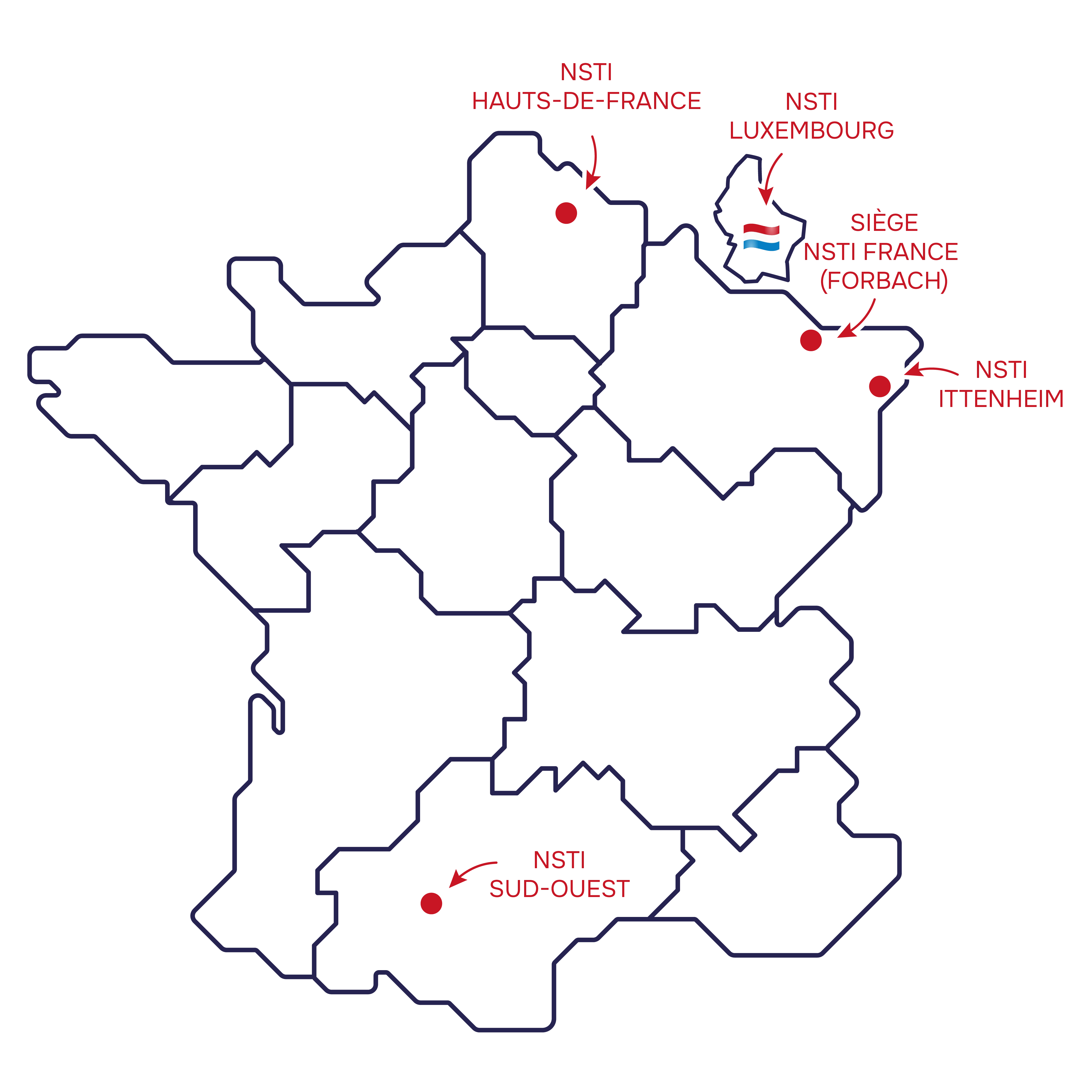 Carte NSTI - Réseaux incendie - Agence de Luxembourg - Forbach - Hauts-de-France - Sud-Ouest